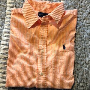 Boys short sleeved button down Ralph Lauren pinstriped orange and white shirt